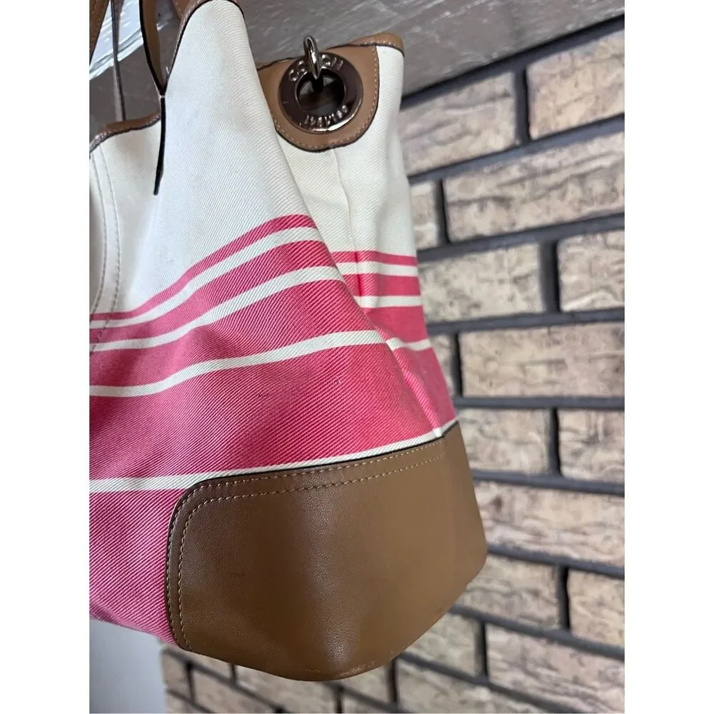 Coach Hadley Variegated‎ Coral & Beige Striped Canvas Leather Tote Shoulder Bag